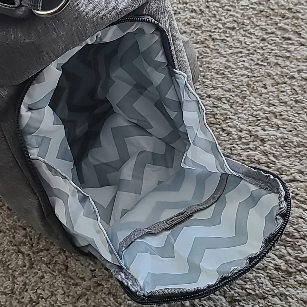 Multi Access Grey Baby Bag With Cheveron Interior